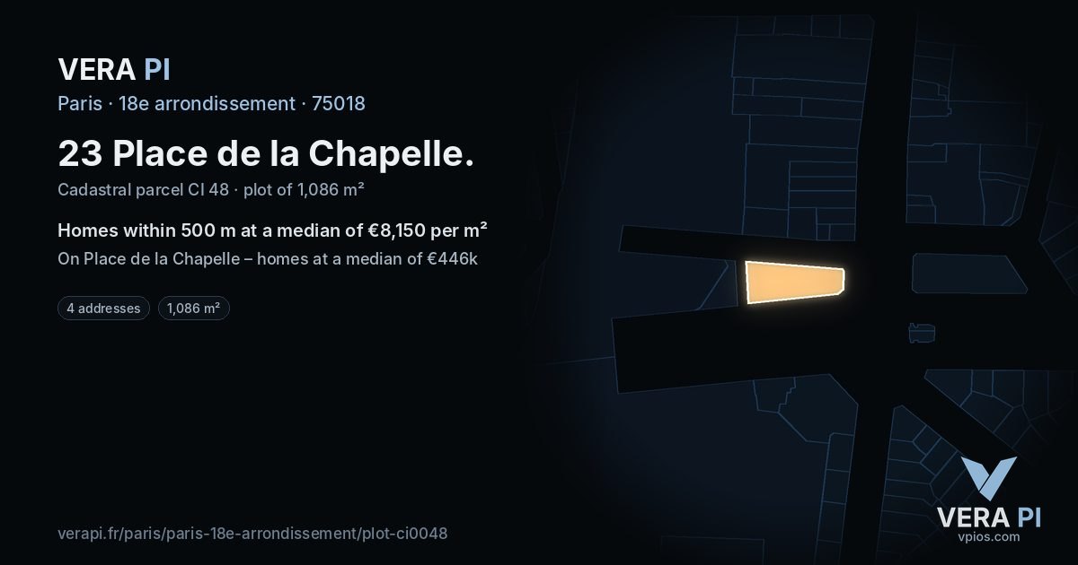 23 Place de la Chapelle, 18e arrondissement at night – the plot lit, the parcels around coloured by the prices near them