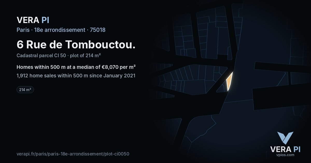 6 Rue de Tombouctou, 18e arrondissement at night – the plot lit, the parcels around coloured by the prices near them