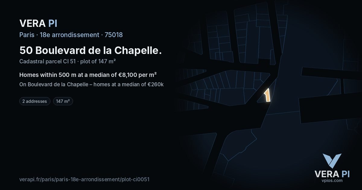 50 Boulevard de la Chapelle, 18e arrondissement at night – the plot lit, the parcels around coloured by the prices near them