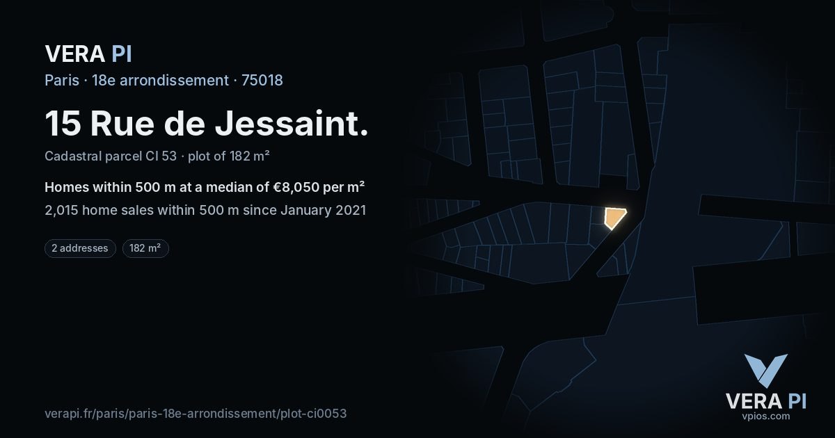 15 Rue de Jessaint, 18e arrondissement at night – the plot lit, the parcels around coloured by the prices near them