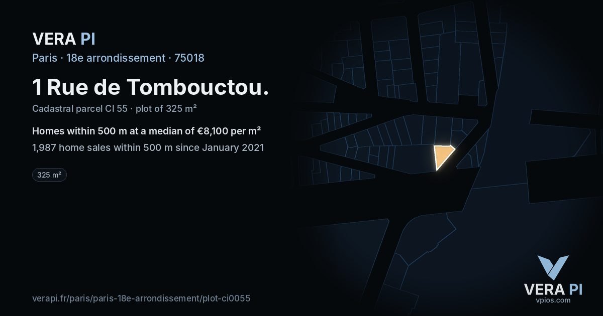 1 Rue de Tombouctou, 18e arrondissement at night – the plot lit, the parcels around coloured by the prices near them