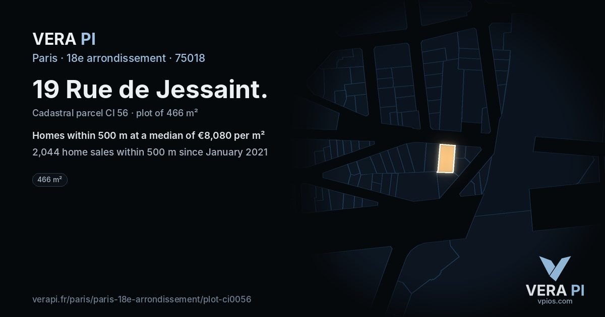 19 Rue de Jessaint, 18e arrondissement at night – the plot lit, the parcels around coloured by the prices near them