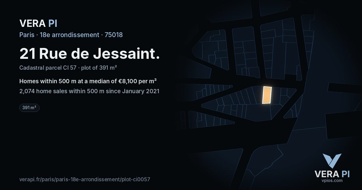 21 Rue de Jessaint, 18e arrondissement at night – the plot lit, the parcels around coloured by the prices near them