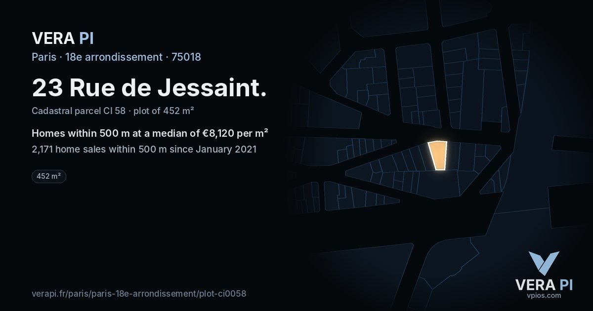 23 Rue de Jessaint, 18e arrondissement at night – the plot lit, the parcels around coloured by the prices near them