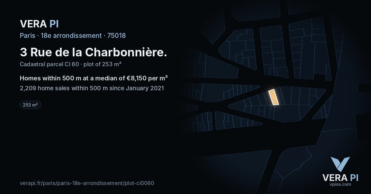 3 Rue de la Charbonnière, 18e arrondissement at night – the plot lit, the parcels around coloured by the prices near them
