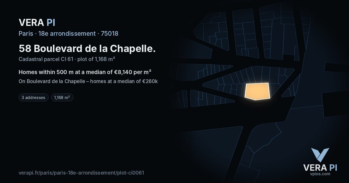 58 Boulevard de la Chapelle, 18e arrondissement at night – the plot lit, the parcels around coloured by the prices near them