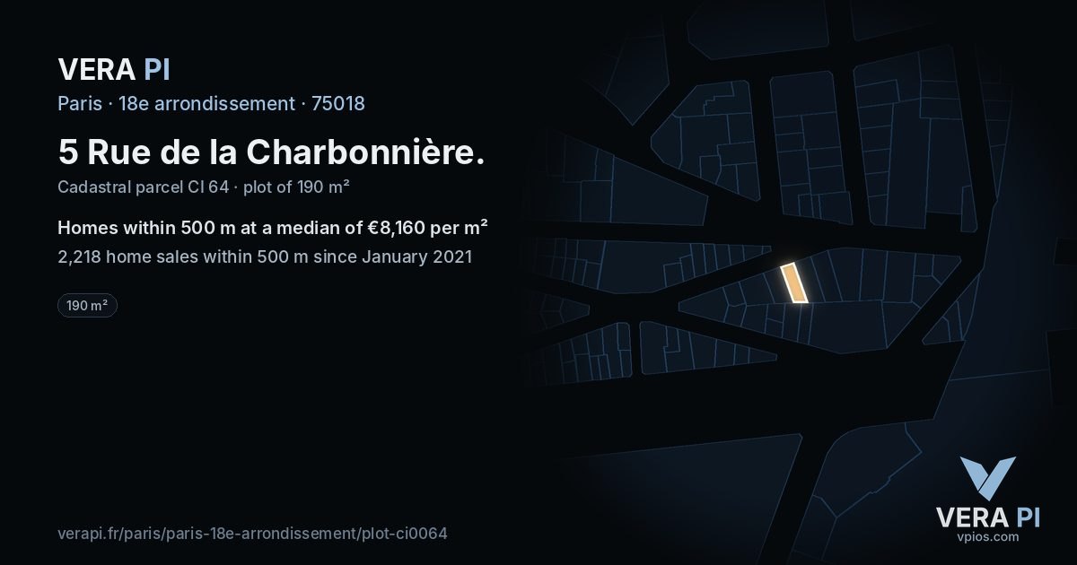 5 Rue de la Charbonnière, 18e arrondissement at night – the plot lit, the parcels around coloured by the prices near them
