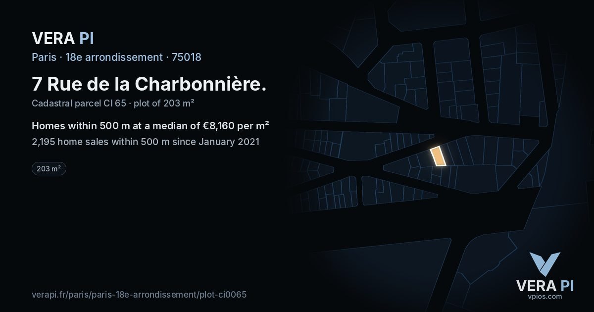 7 Rue de la Charbonnière, 18e arrondissement at night – the plot lit, the parcels around coloured by the prices near them