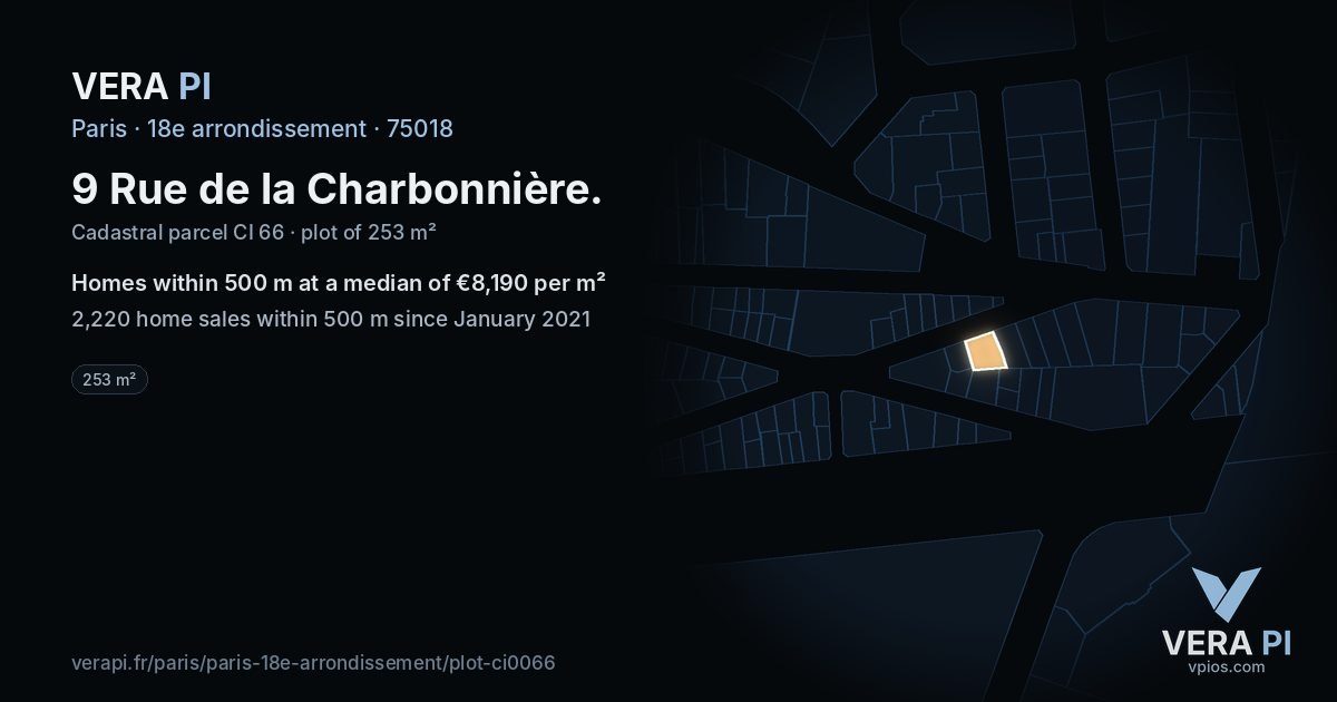 9 Rue de la Charbonnière, 18e arrondissement at night – the plot lit, the parcels around coloured by the prices near them