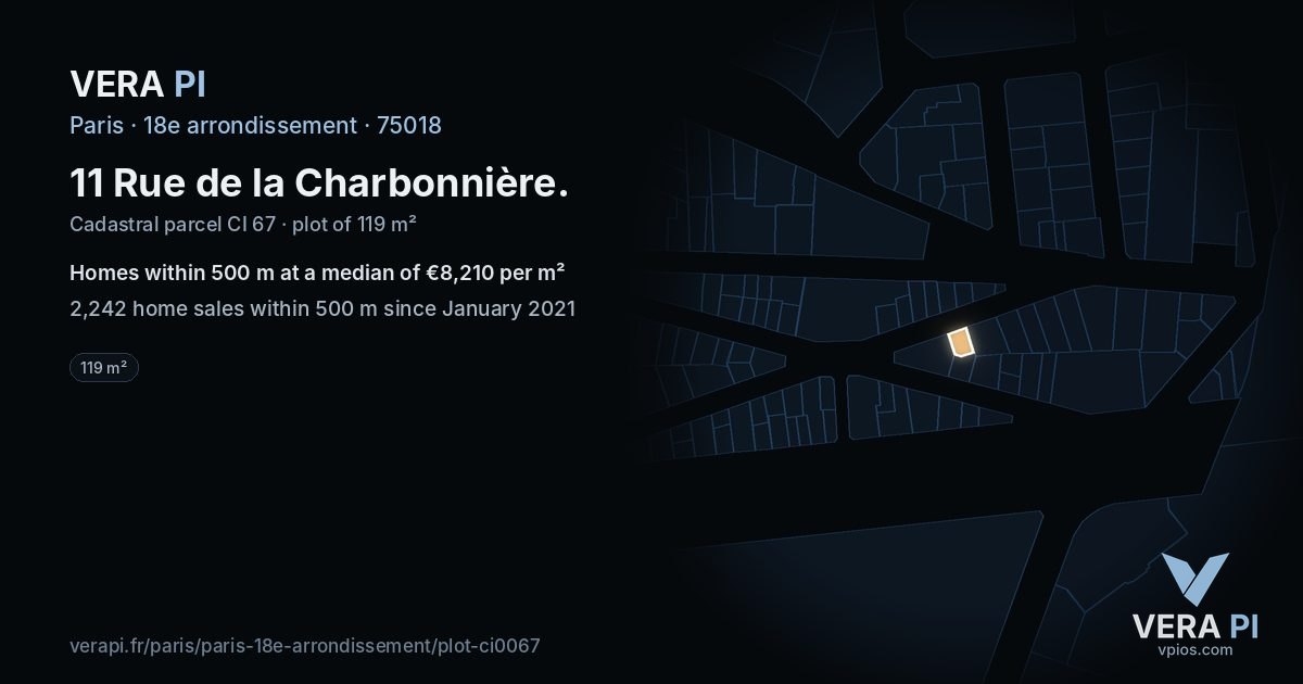 11 Rue de la Charbonnière, 18e arrondissement at night – the plot lit, the parcels around coloured by the prices near them