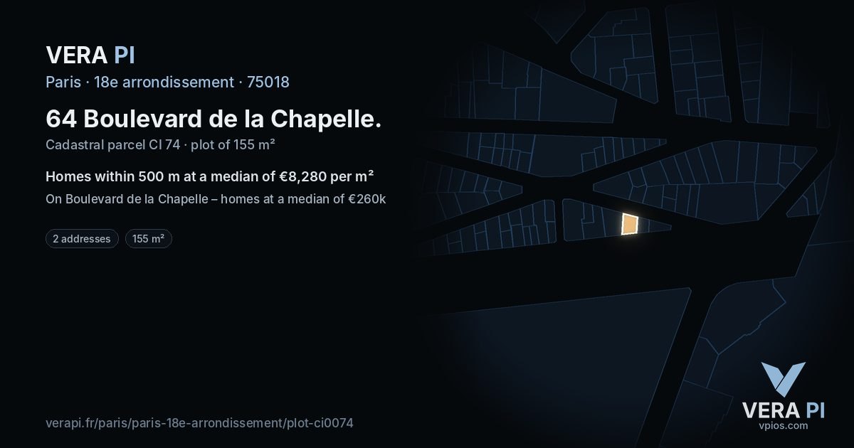 64 Boulevard de la Chapelle, 18e arrondissement at night – the plot lit, the parcels around coloured by the prices near them