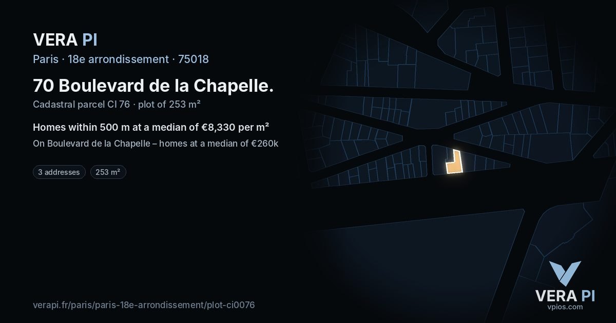 70 Boulevard de la Chapelle, 18e arrondissement at night – the plot lit, the parcels around coloured by the prices near them