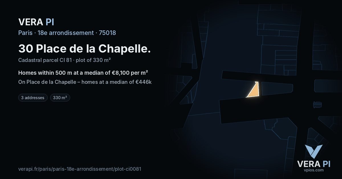 30 Place de la Chapelle, 18e arrondissement at night – the plot lit, the parcels around coloured by the prices near them