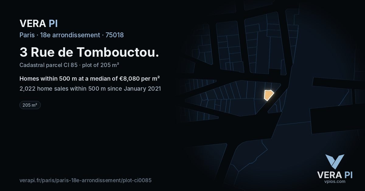 3 Rue de Tombouctou, 18e arrondissement at night – the plot lit, the parcels around coloured by the prices near them
