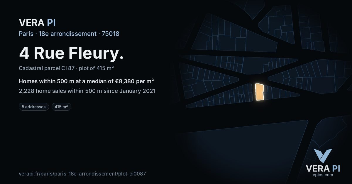 4 Rue Fleury, 18e arrondissement at night – the plot lit, the parcels around coloured by the prices near them