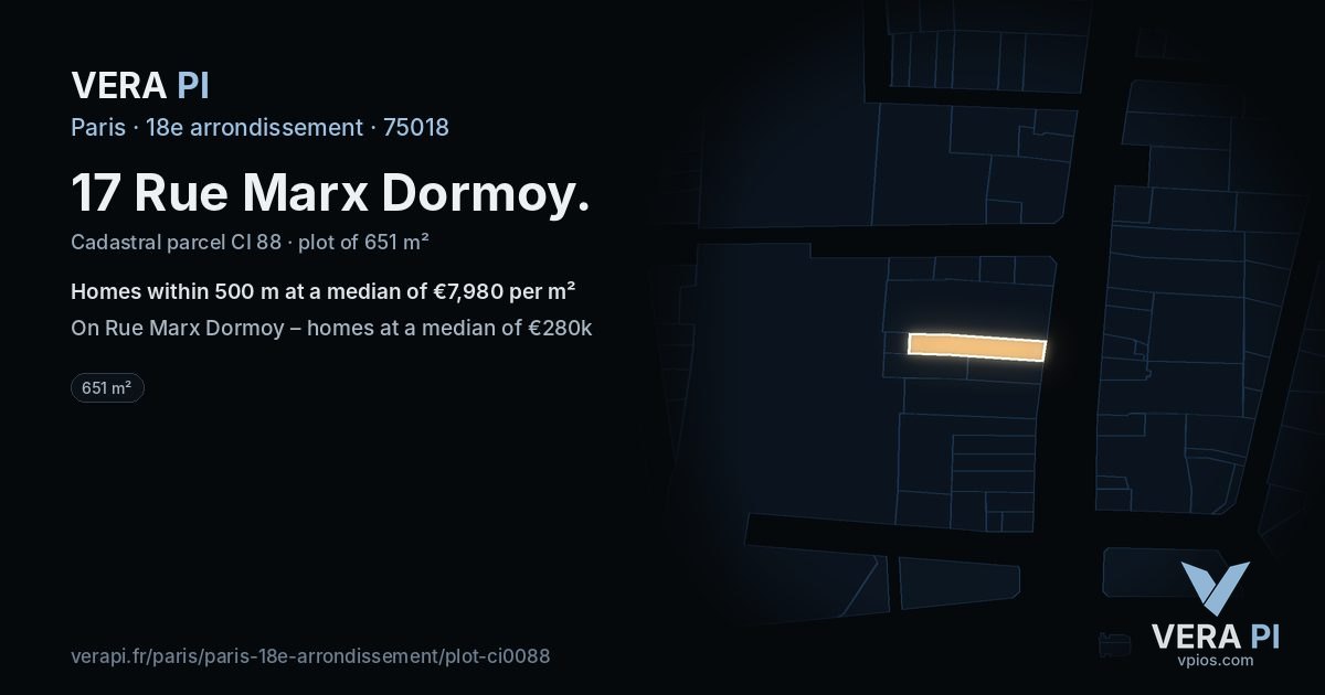 17 Rue Marx Dormoy, 18e arrondissement at night – the plot lit, the parcels around coloured by the prices near them