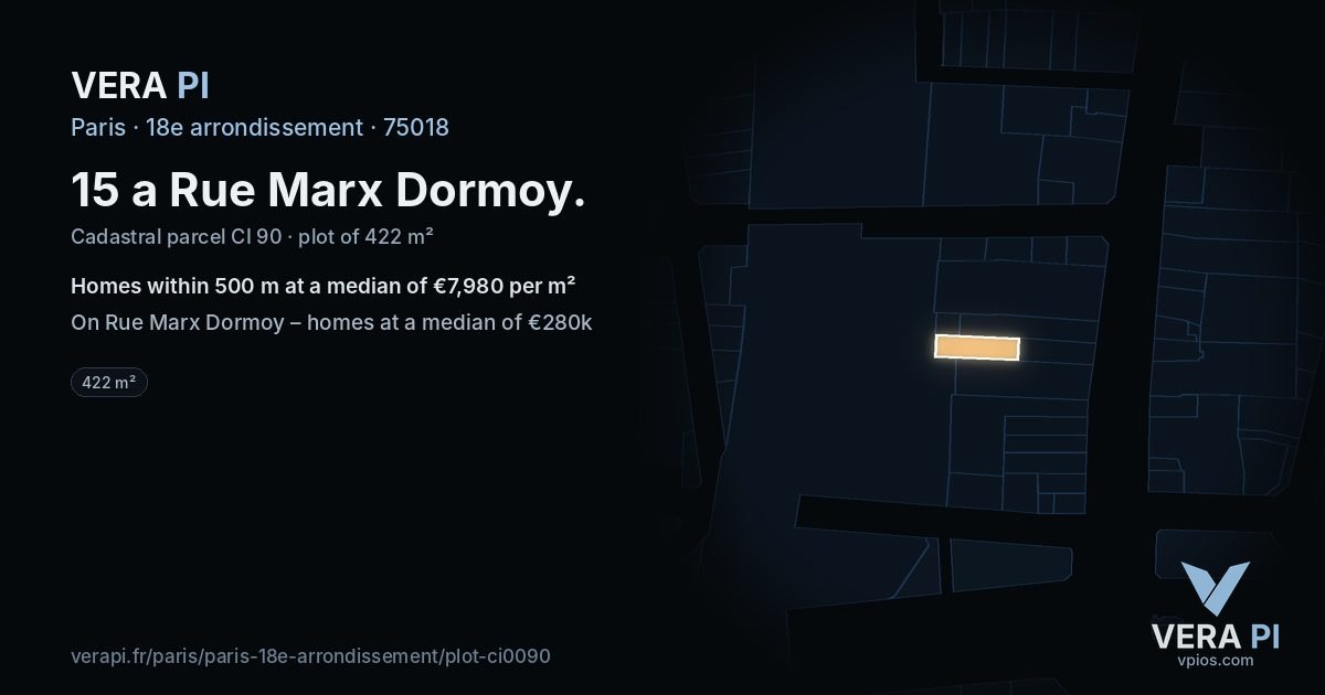 15 a Rue Marx Dormoy, 18e arrondissement at night – the plot lit, the parcels around coloured by the prices near them