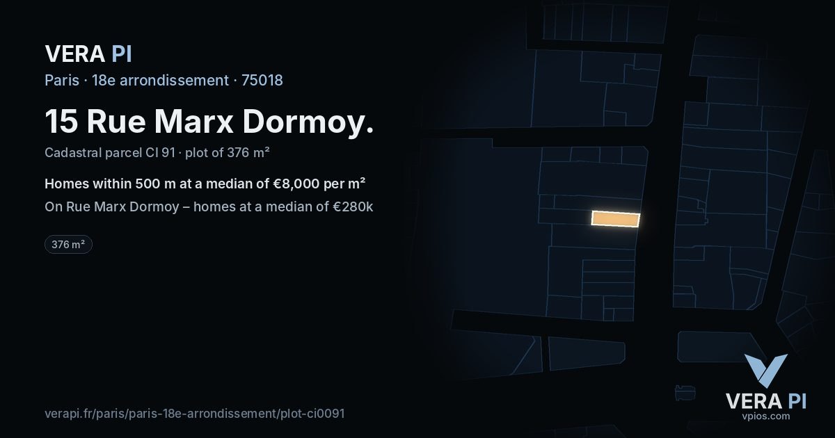 15 Rue Marx Dormoy, 18e arrondissement at night – the plot lit, the parcels around coloured by the prices near them