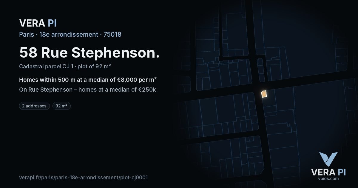 58 Rue Stephenson, 18e arrondissement at night – the plot lit, the parcels around coloured by the prices near them