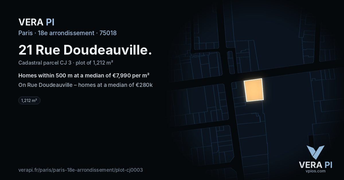21 Rue Doudeauville, 18e arrondissement at night – the plot lit, the parcels around coloured by the prices near them