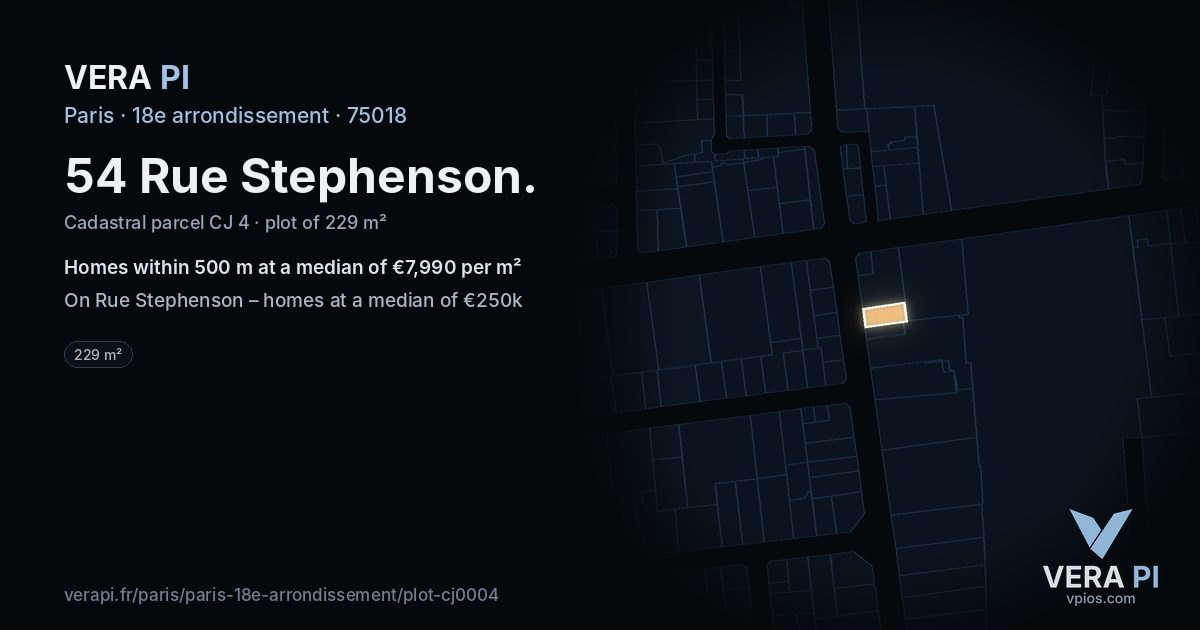 54 Rue Stephenson, 18e arrondissement at night – the plot lit, the parcels around coloured by the prices near them