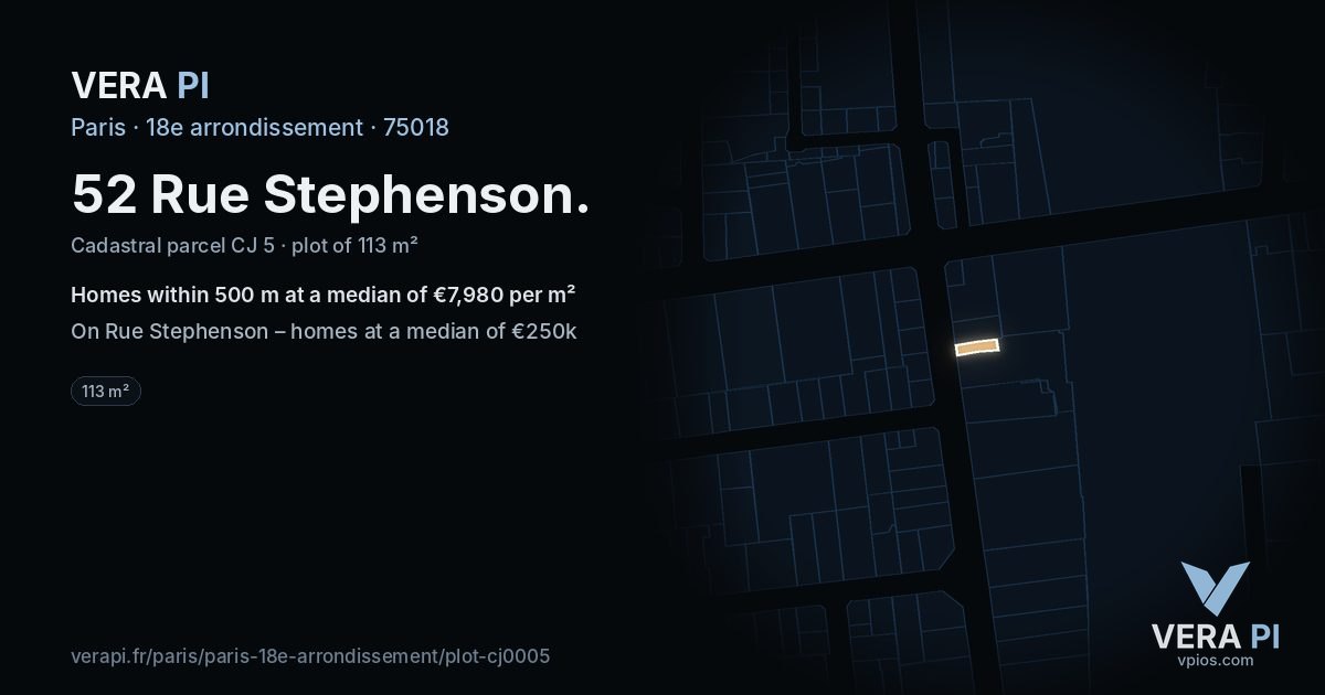 52 Rue Stephenson, 18e arrondissement at night – the plot lit, the parcels around coloured by the prices near them