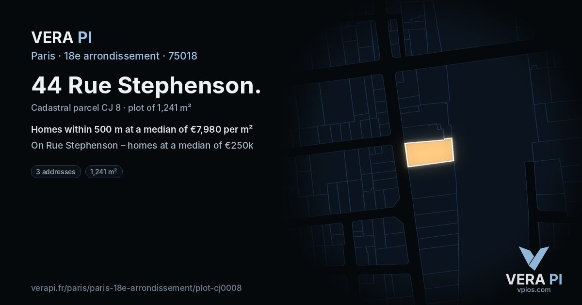 44 Rue Stephenson, 18e arrondissement at night – the plot lit, the parcels around coloured by the prices near them