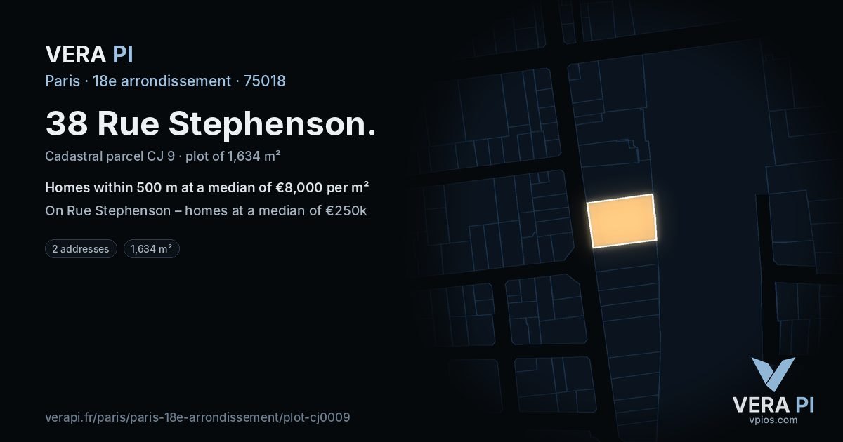 38 Rue Stephenson, 18e arrondissement at night – the plot lit, the parcels around coloured by the prices near them