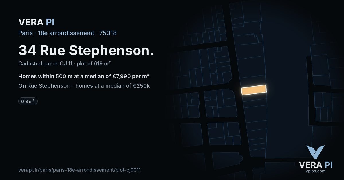 34 Rue Stephenson, 18e arrondissement at night – the plot lit, the parcels around coloured by the prices near them