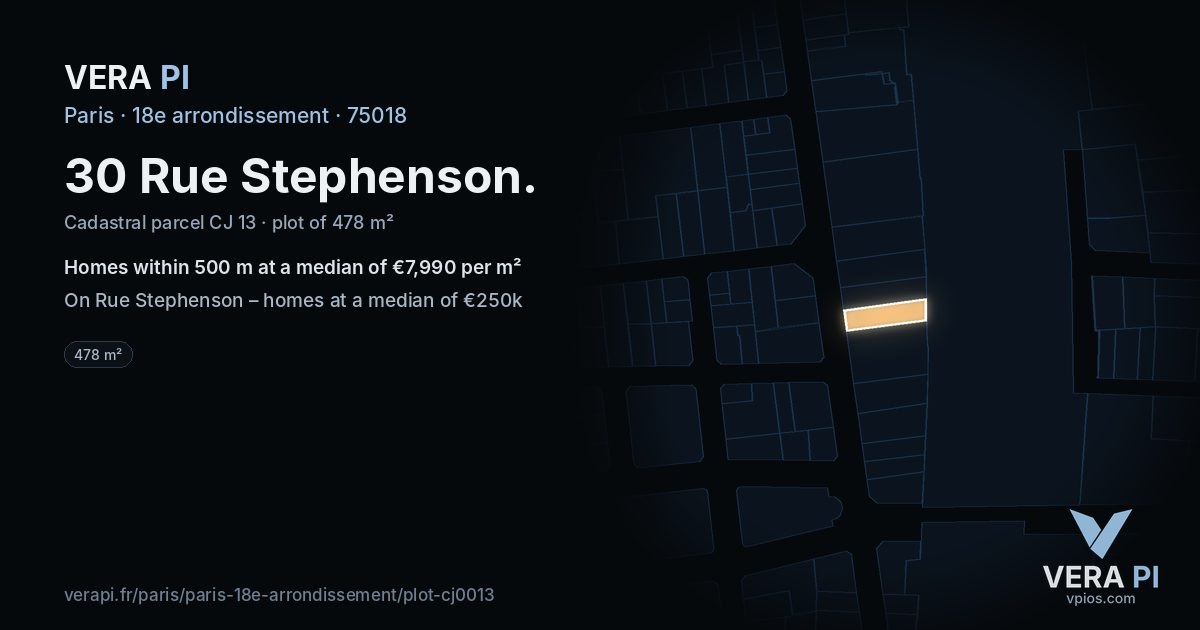 30 Rue Stephenson, 18e arrondissement at night – the plot lit, the parcels around coloured by the prices near them