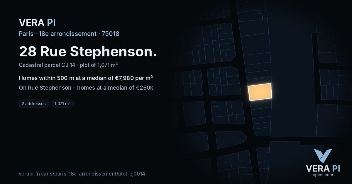 28 Rue Stephenson, 18e arrondissement at night – the plot lit, the parcels around coloured by the prices near them