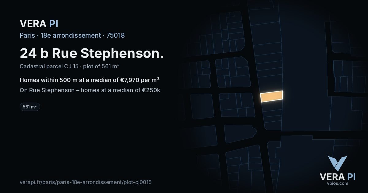 24 b Rue Stephenson, 18e arrondissement at night – the plot lit, the parcels around coloured by the prices near them