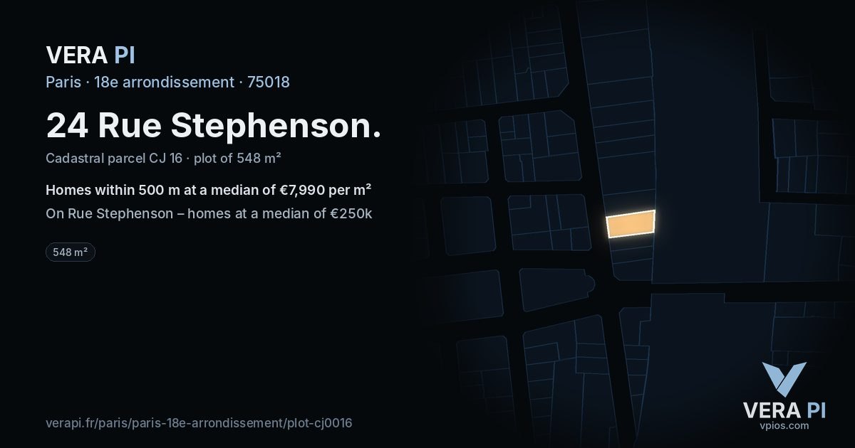 24 Rue Stephenson, 18e arrondissement at night – the plot lit, the parcels around coloured by the prices near them