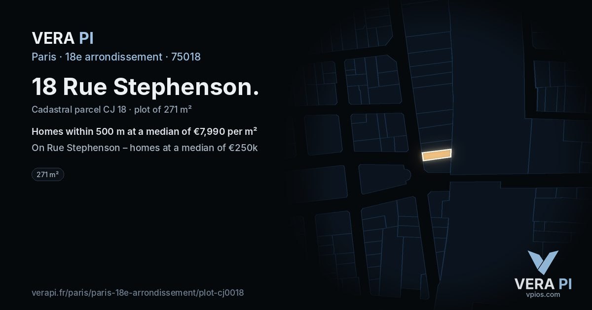 18 Rue Stephenson, 18e arrondissement at night – the plot lit, the parcels around coloured by the prices near them