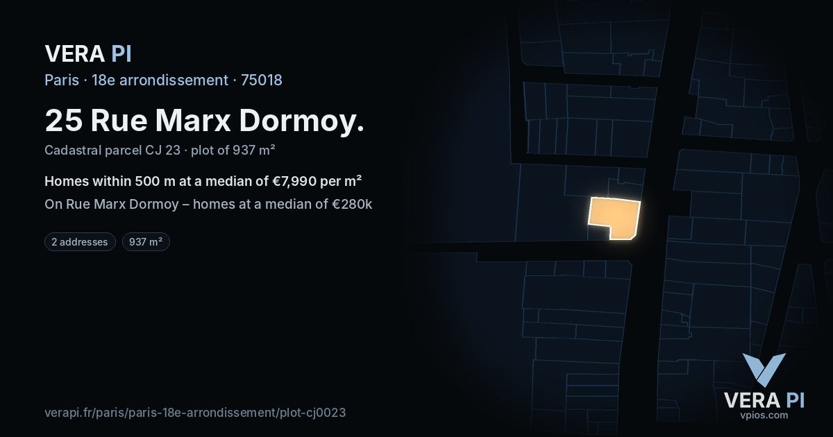 25 Rue Marx Dormoy, 18e arrondissement at night – the plot lit, the parcels around coloured by the prices near them
