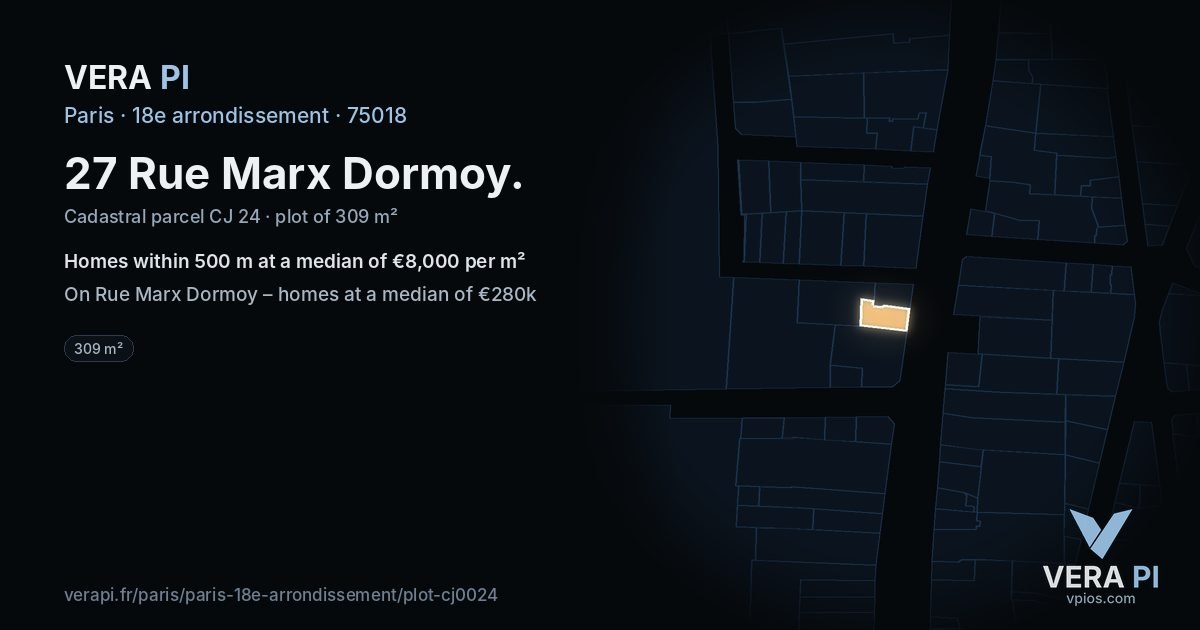 27 Rue Marx Dormoy, 18e arrondissement at night – the plot lit, the parcels around coloured by the prices near them