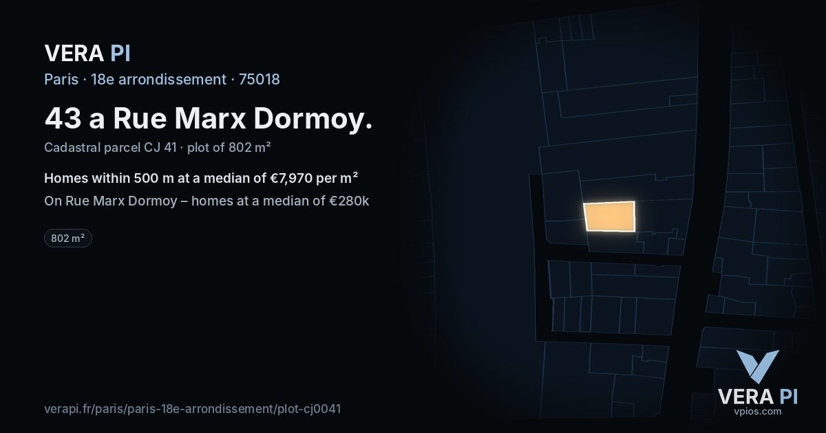 43 a Rue Marx Dormoy, 18e arrondissement at night – the plot lit, the parcels around coloured by the prices near them