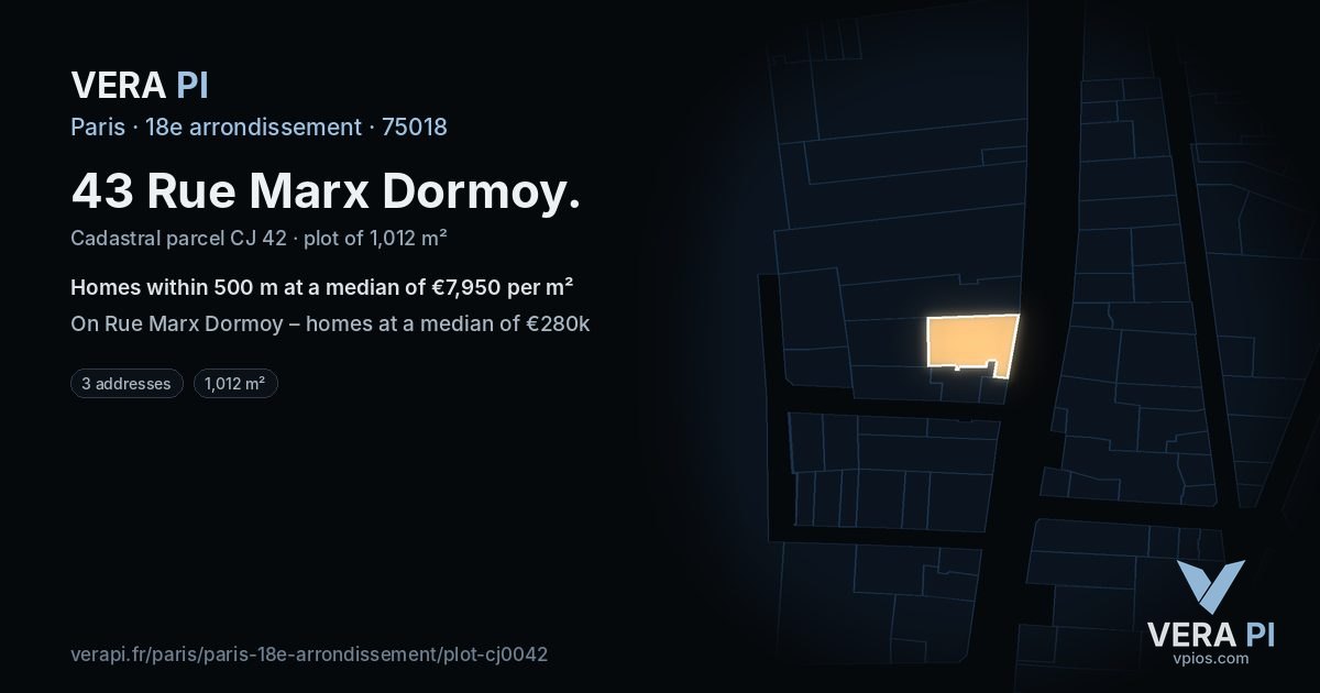 43 Rue Marx Dormoy, 18e arrondissement at night – the plot lit, the parcels around coloured by the prices near them