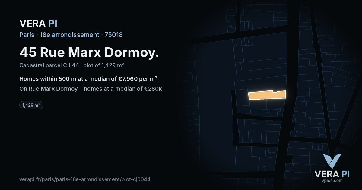45 Rue Marx Dormoy, 18e arrondissement at night – the plot lit, the parcels around coloured by the prices near them