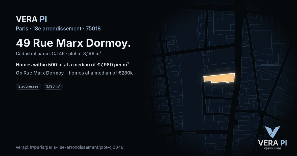 49 Rue Marx Dormoy, 18e arrondissement at night – the plot lit, the parcels around coloured by the prices near them