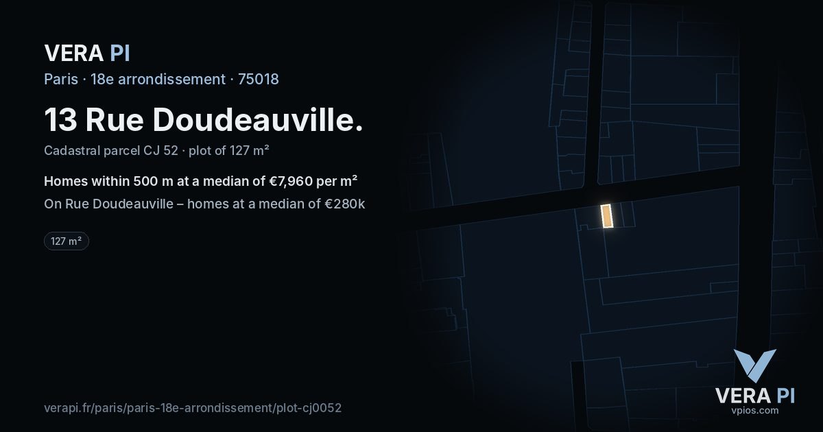 13 Rue Doudeauville, 18e arrondissement at night – the plot lit, the parcels around coloured by the prices near them
