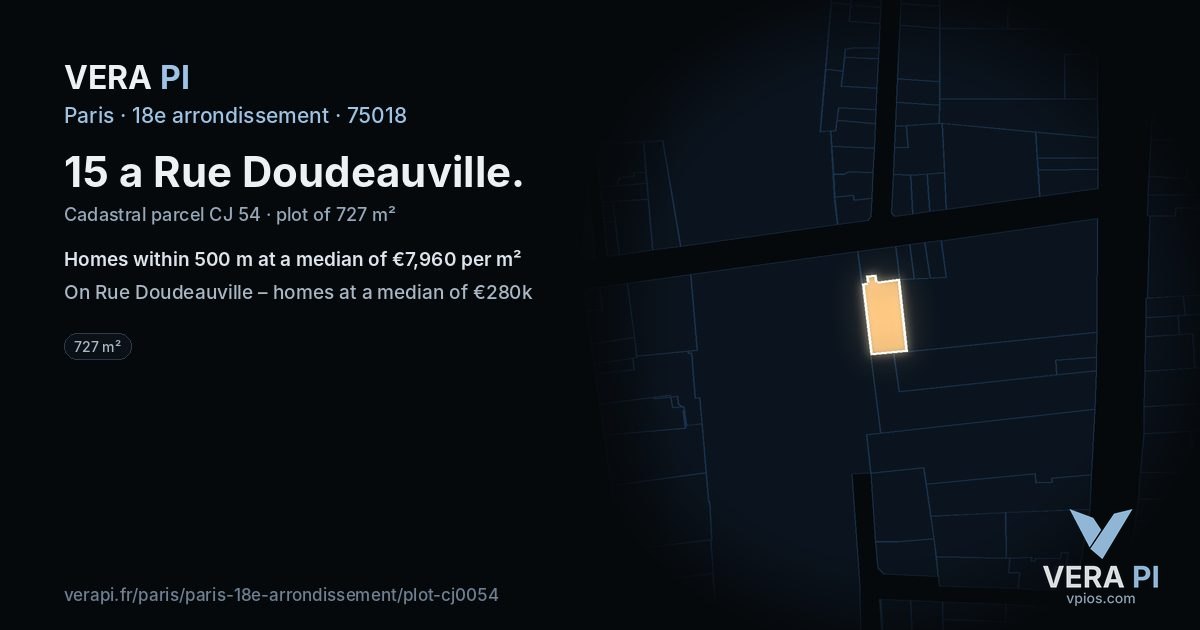15 a Rue Doudeauville, 18e arrondissement at night – the plot lit, the parcels around coloured by the prices near them
