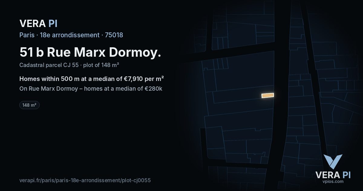 51 b Rue Marx Dormoy, 18e arrondissement at night – the plot lit, the parcels around coloured by the prices near them