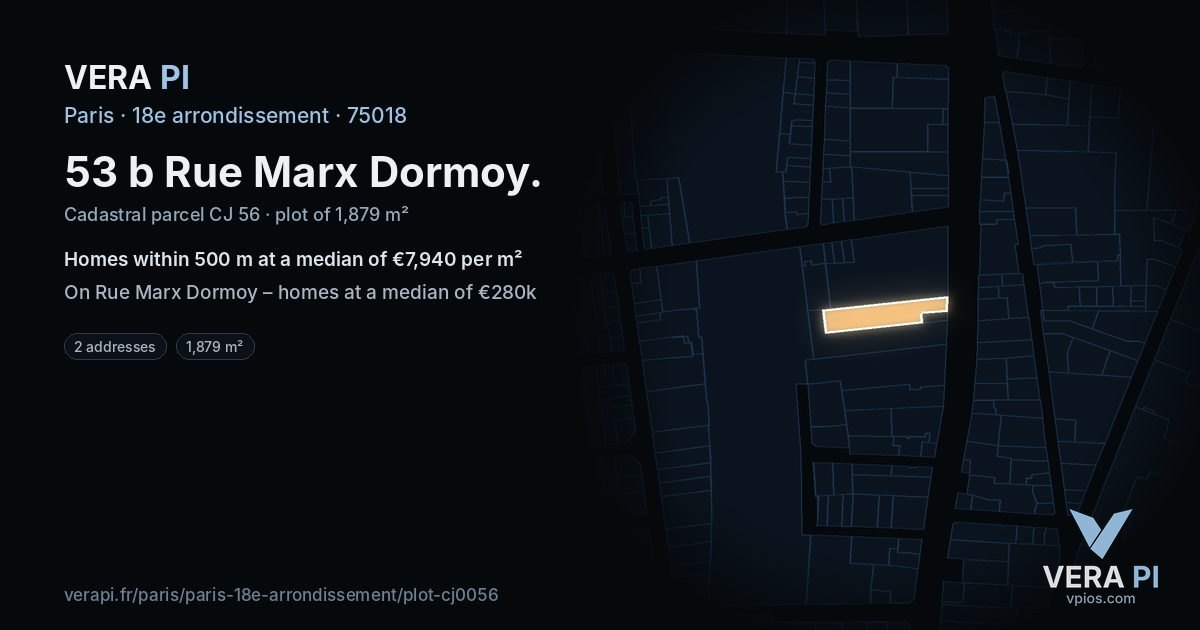 53 b Rue Marx Dormoy, 18e arrondissement at night – the plot lit, the parcels around coloured by the prices near them
