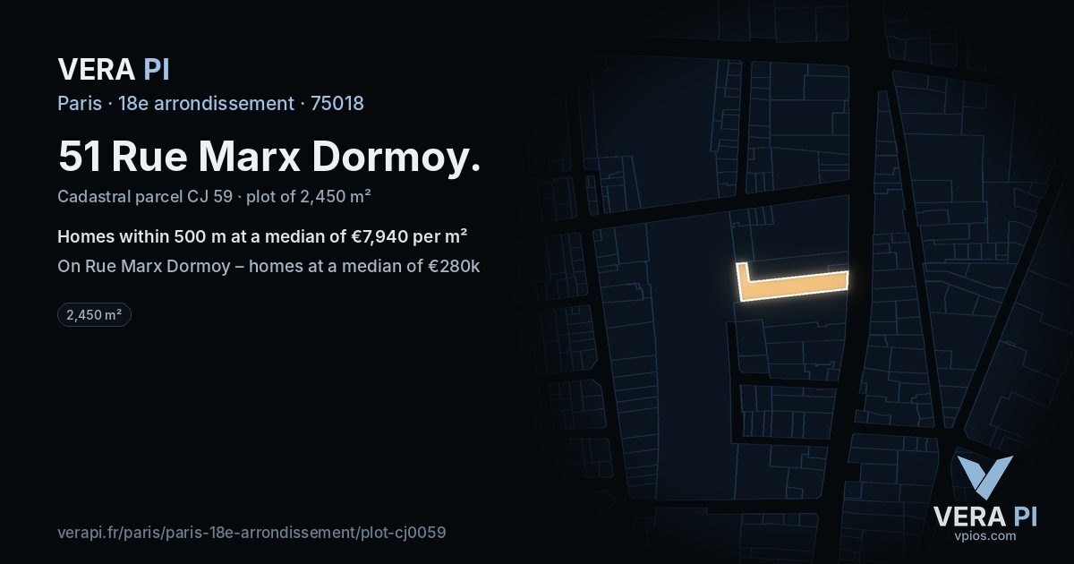51 Rue Marx Dormoy, 18e arrondissement at night – the plot lit, the parcels around coloured by the prices near them
