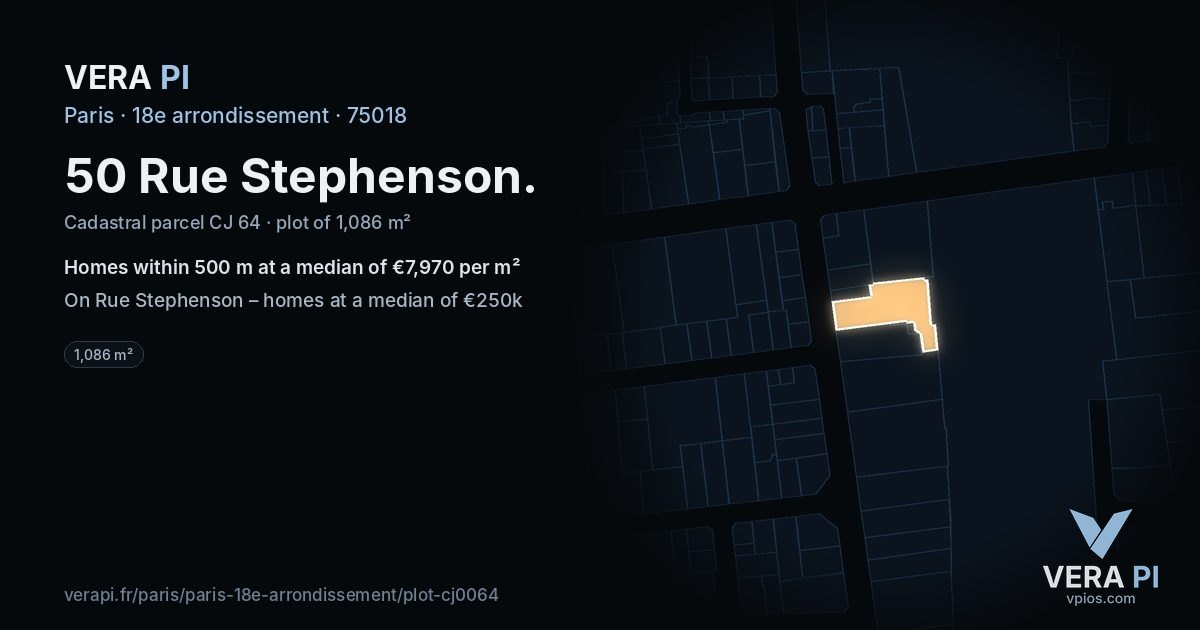 50 Rue Stephenson, 18e arrondissement at night – the plot lit, the parcels around coloured by the prices near them