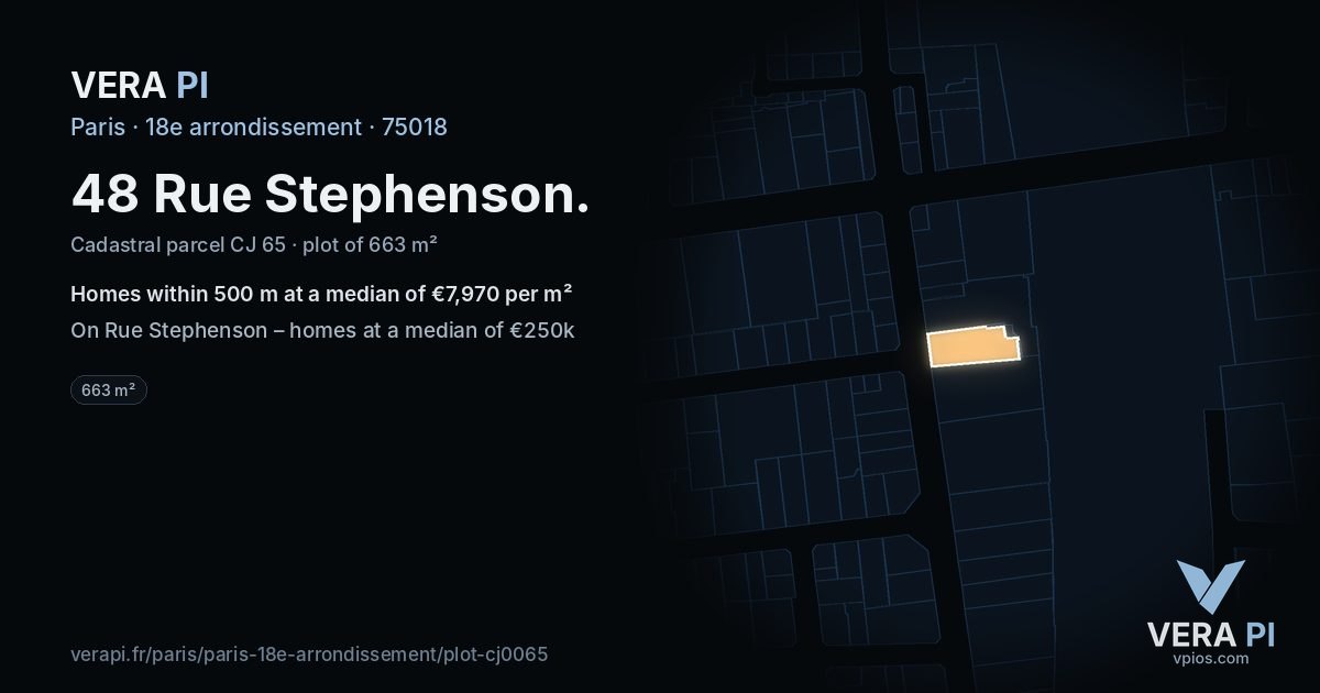 48 Rue Stephenson, 18e arrondissement at night – the plot lit, the parcels around coloured by the prices near them