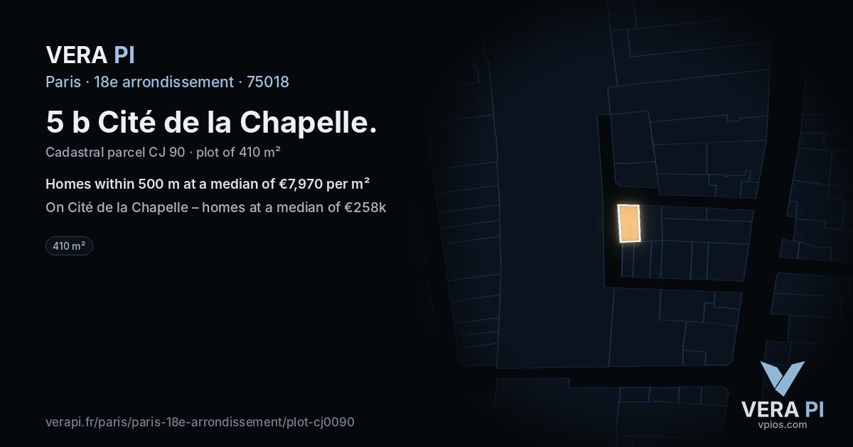 5 b Cité de la Chapelle, 18e arrondissement at night – the plot lit, the parcels around coloured by the prices near them