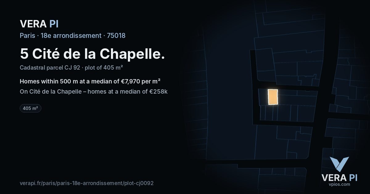 5 Cité de la Chapelle, 18e arrondissement at night – the plot lit, the parcels around coloured by the prices near them
