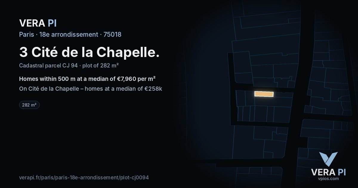 3 Cité de la Chapelle, 18e arrondissement at night – the plot lit, the parcels around coloured by the prices near them